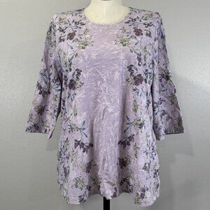 CJ Banks Lavender Floral Print 3/4 Sleeve Tunic Top Womens Plus Size 1X Cotton